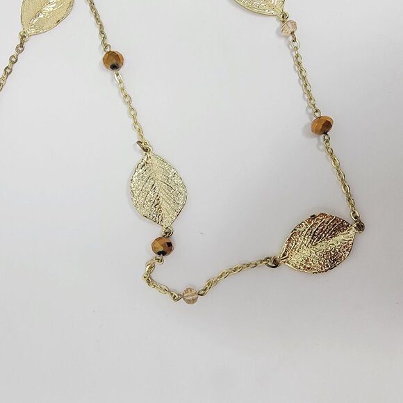 Gold Tone Leaf Station Necklace Faceted Brown Beads - Picture 2 of 2